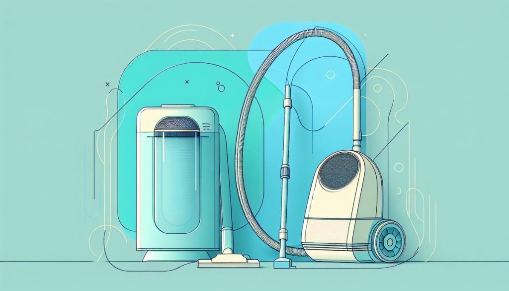 Aspirateur et purificateur d’air minimalistes en couleurs pastel, symbolisant la pureté de l’air.
