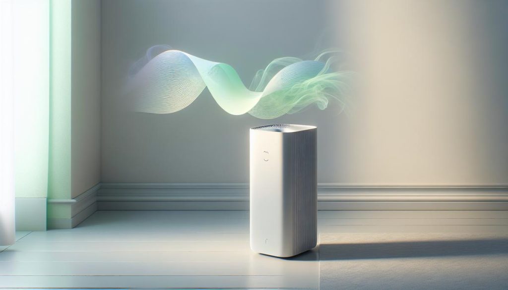 Purificateur d’air minimaliste diffusant un air pur en volutes pastel dans un intérieur épuré