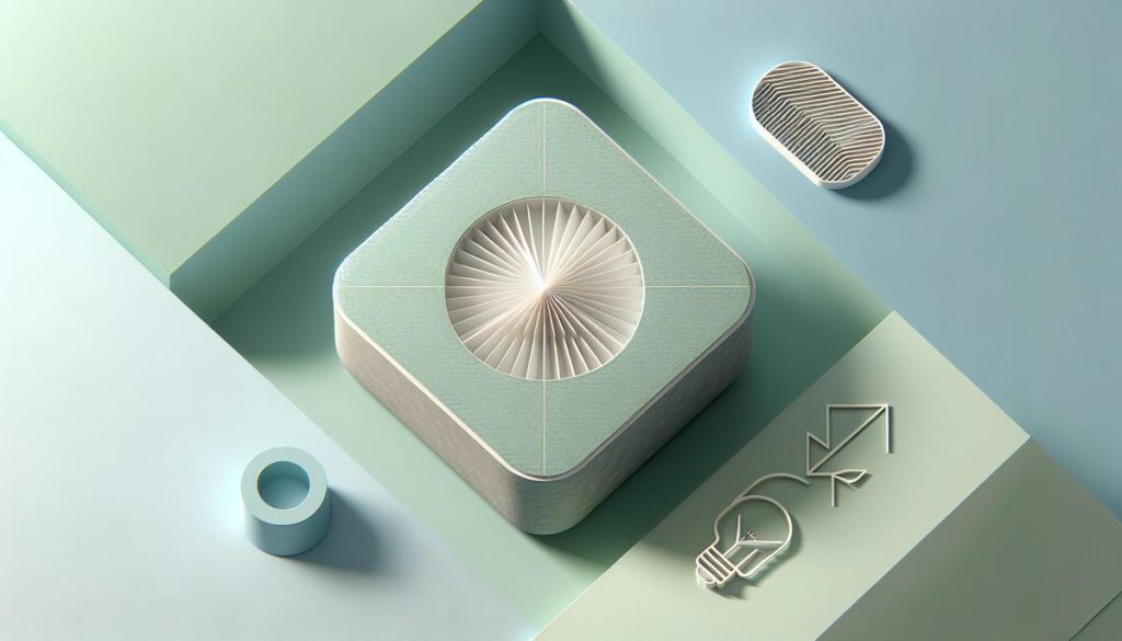 Purificateur d’air minimaliste avec icônes énergie et filtre, tons bleu doux