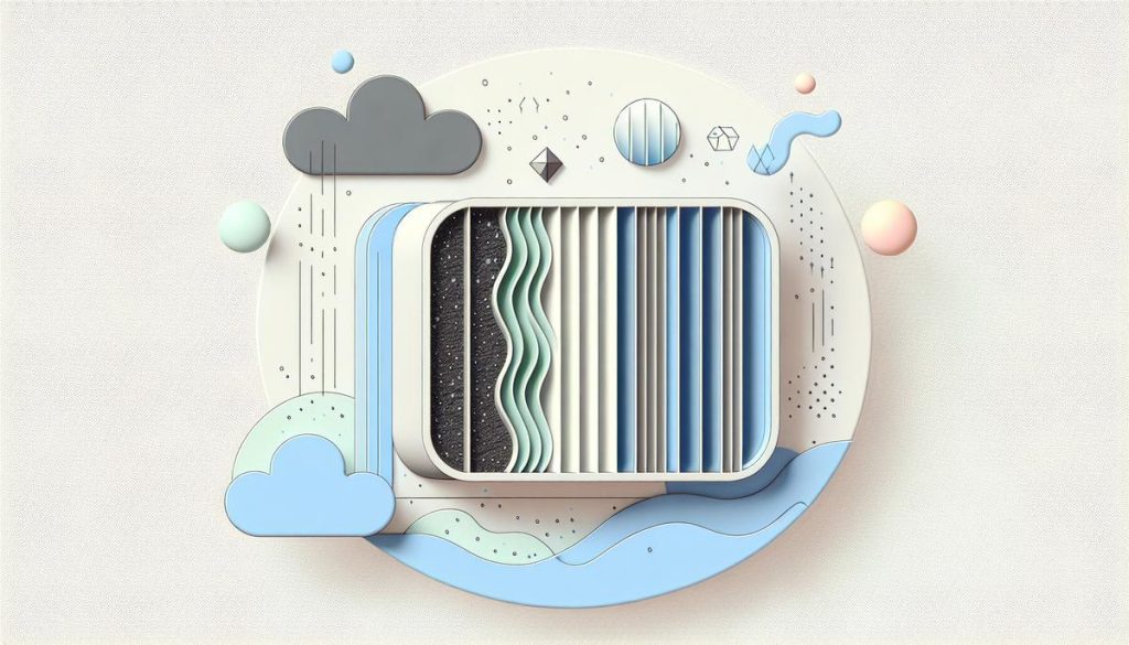 Schéma minimaliste d’un purificateur d’air illustrant le filtre HEPA, le charbon actif et la technologie d’ionisation