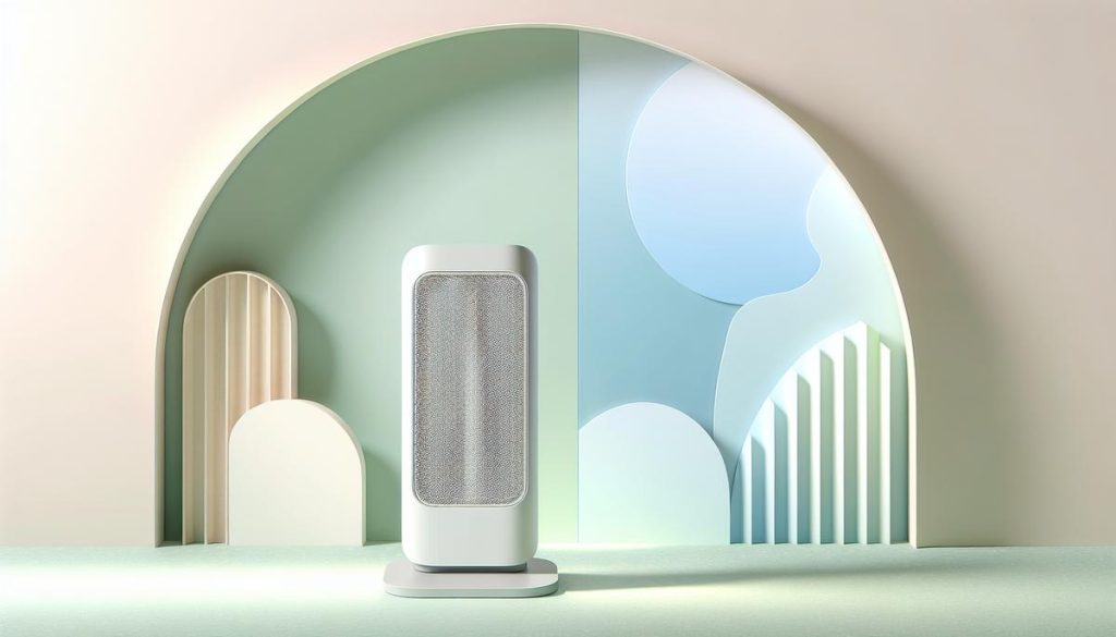 Purificateur d’air stylisé au centre d’un appartement minimaliste en couleurs pastel