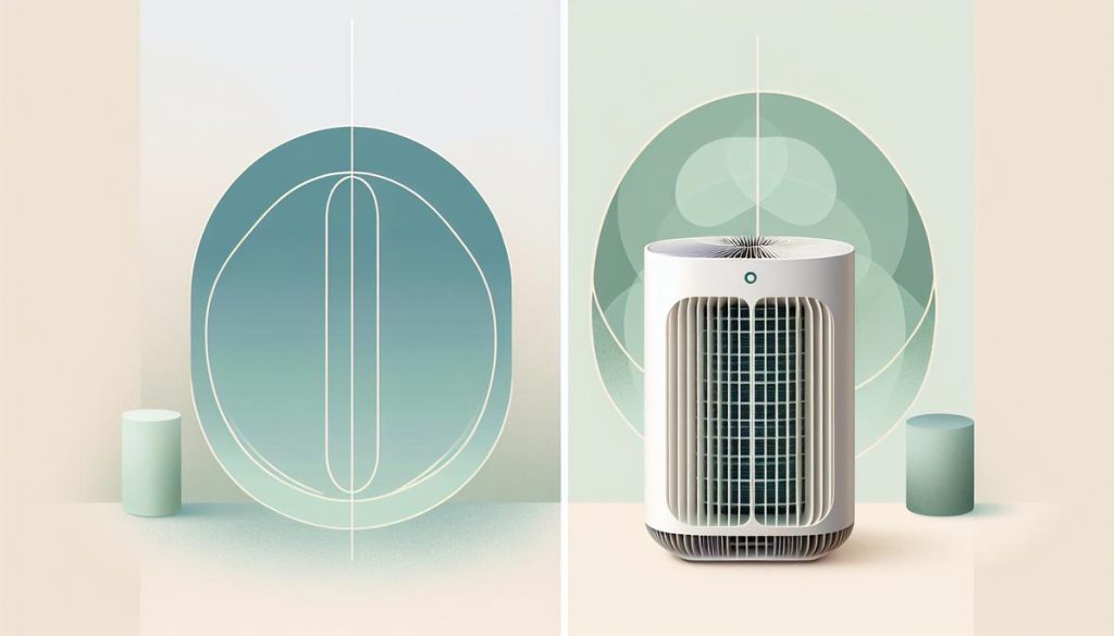 Deux purificateurs d’air stylisés, l’un en bleu (HEPA), l’autre en vert pâle (ozone), minimalistes, séparés par une ligne sur fond clair
