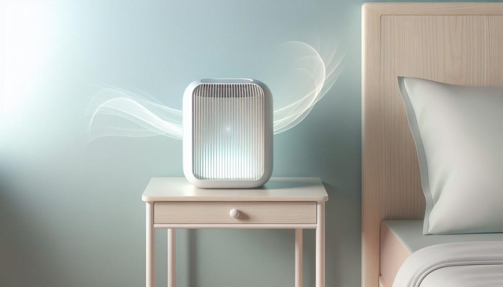 Purificateur d’air minimaliste dans une chambre paisible aux tons doux