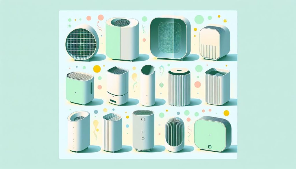 Dix purificateurs d’air stylisés en couleurs pastel alignés sur fond épuré