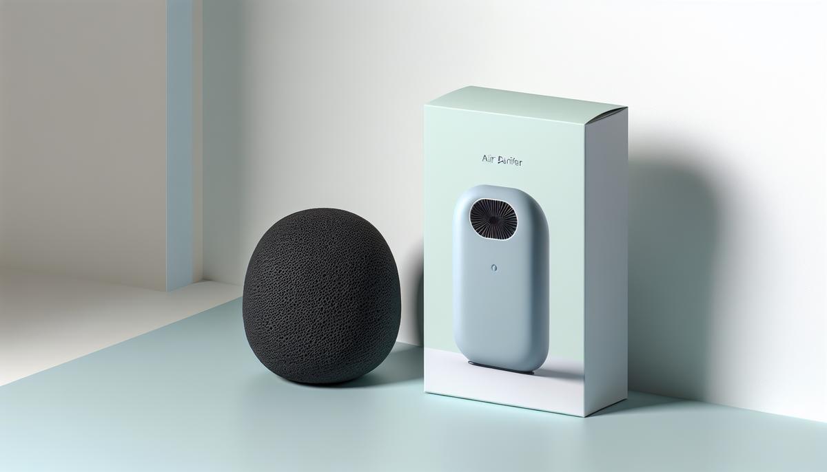 Charbon actif naturel stylisé à côté d’un purificateur d’air minimaliste sur fond pastel