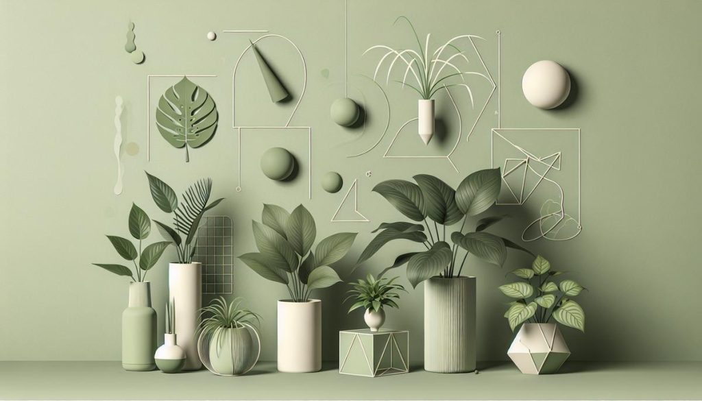 Plantes d’intérieur stylisées purifiant l’air sur fond épuré, tons verts et beiges.