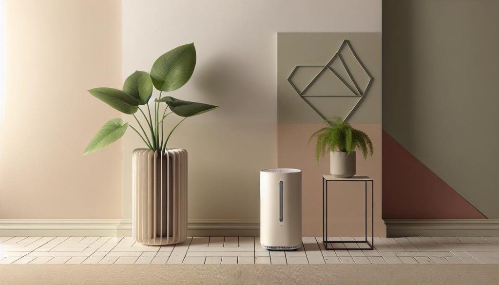 comparaison minimaliste entre une grande plante dépolluante et un purificateur d’air stylisé dans un salon épuré