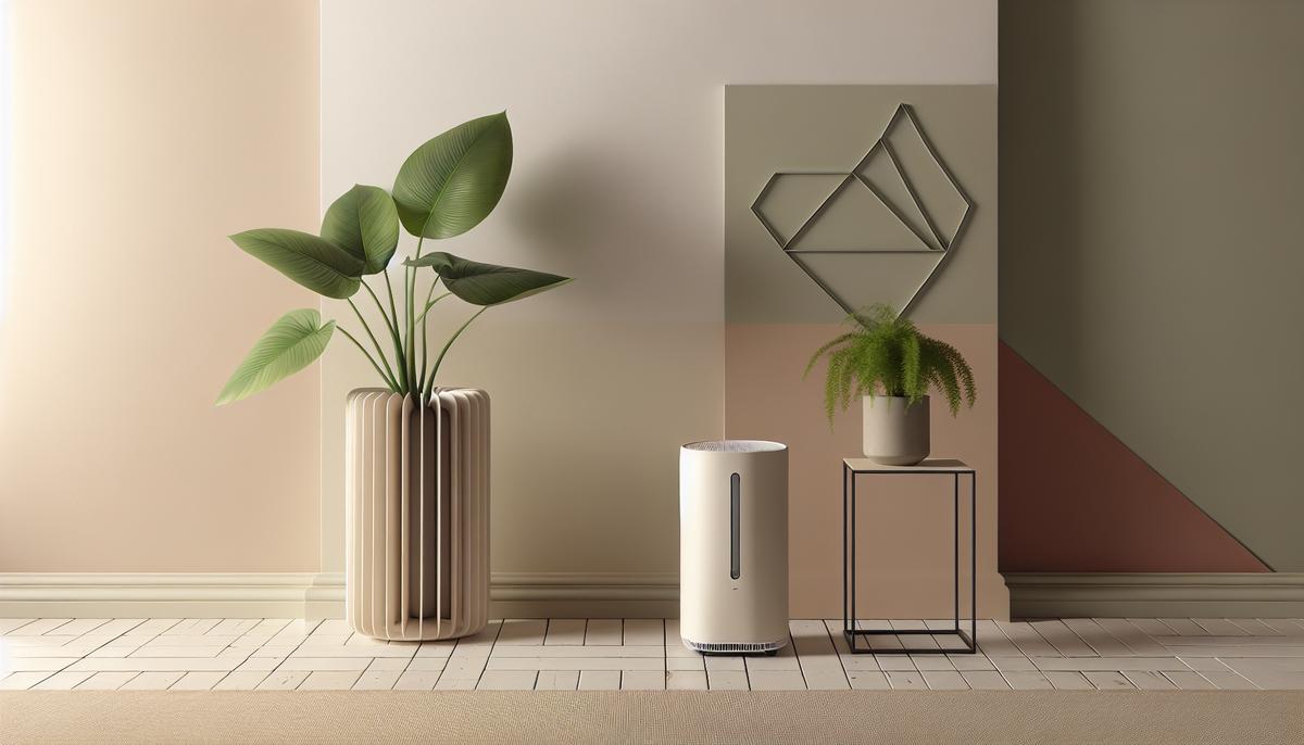 comparaison minimaliste entre une grande plante dépolluante et un purificateur d’air stylisé dans un salon épuré