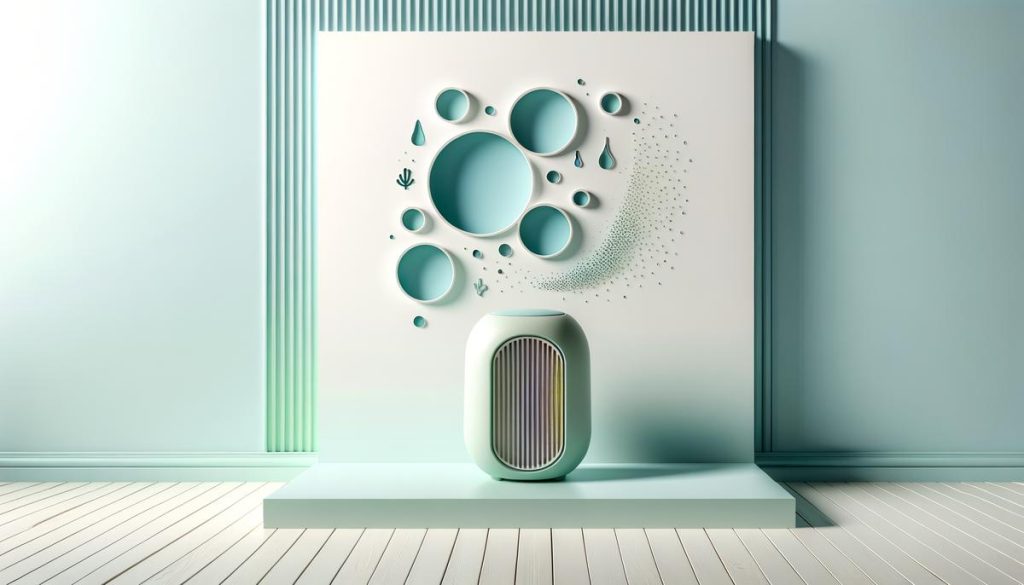 intérieur minimaliste avec un purificateur stylisé et des spores abstraites