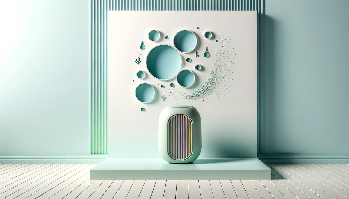 intérieur minimaliste avec un purificateur stylisé et des spores abstraites