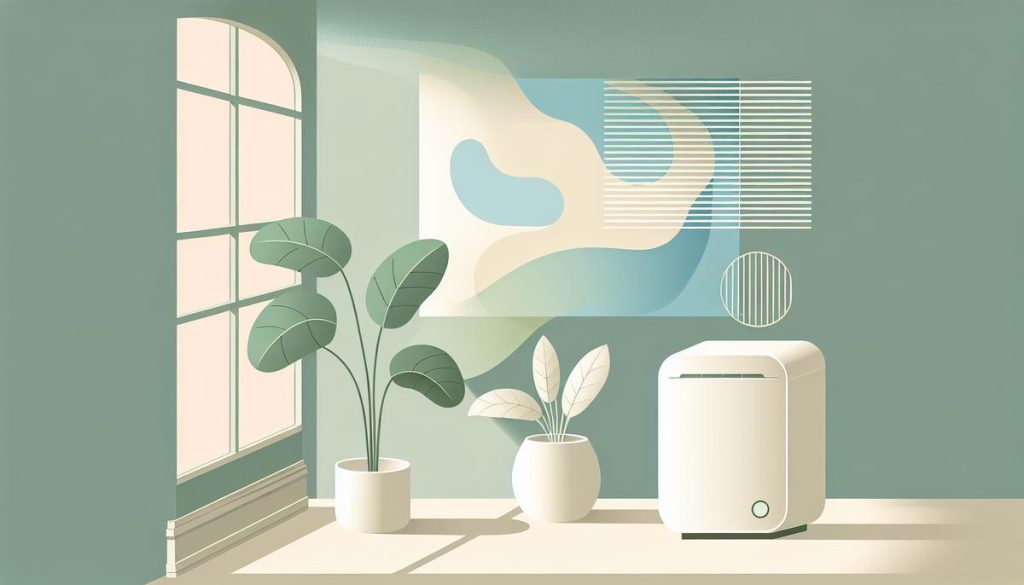Intérieur minimaliste coloré avec plante et purificateur d’air stylisés pour illustrer la réduction des COV