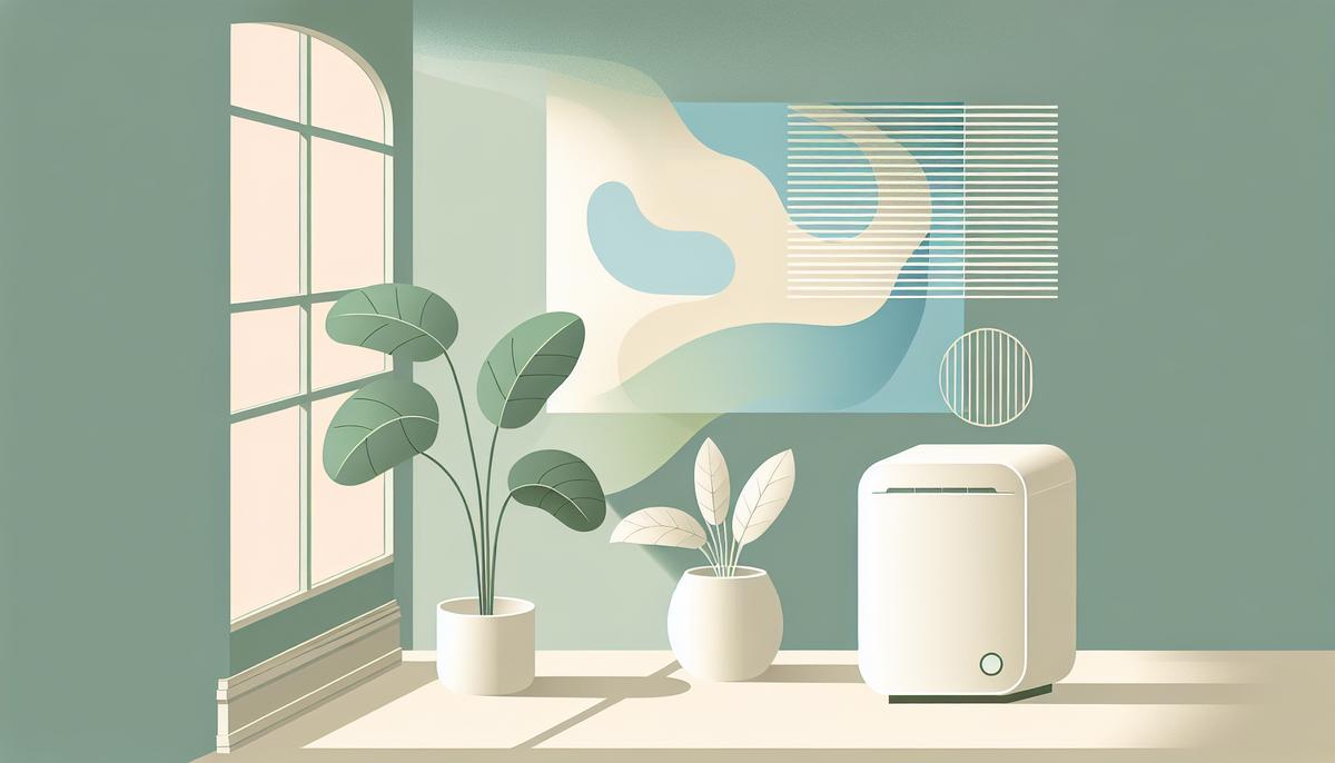 Intérieur minimaliste coloré avec plante et purificateur d’air stylisés pour illustrer la réduction des COV