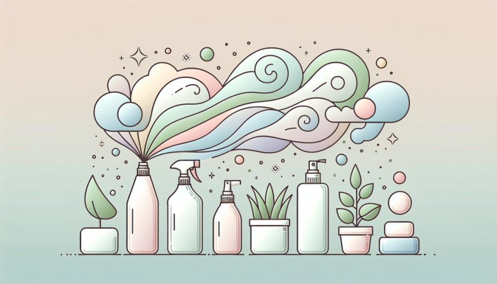 Produits ménagers stylisés diffusant de la pollution, avec alternatives écologiques minimalistes à côté