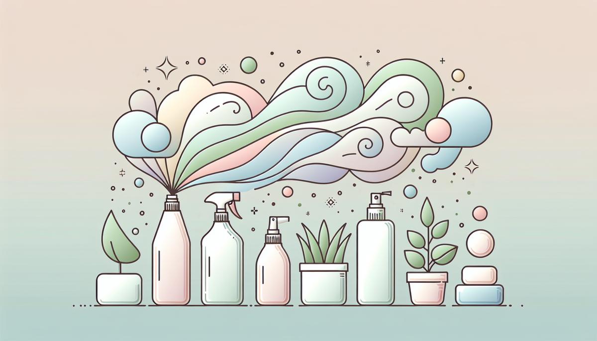 Produits ménagers stylisés diffusant de la pollution, avec alternatives écologiques minimalistes à côté