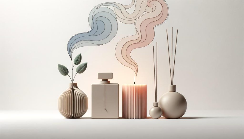 Objets minimalistes de bougie, encens et parfum avec fumée douce et végétaux symbolisant des alternatives saines