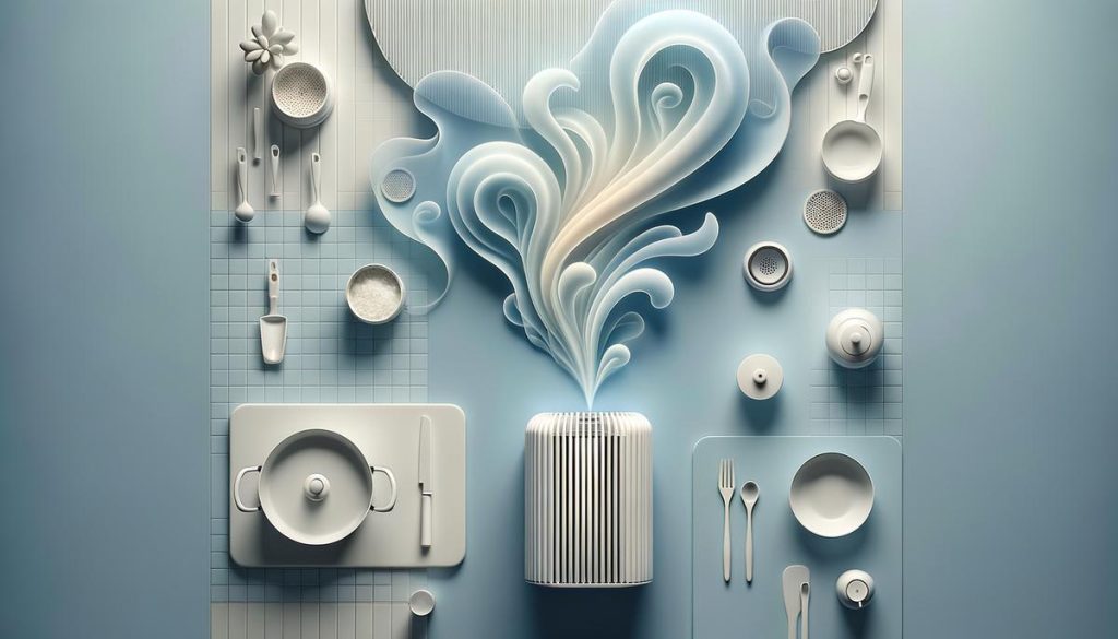 Cuisine minimaliste avec fumées stylisées et purificateur d’air coloré