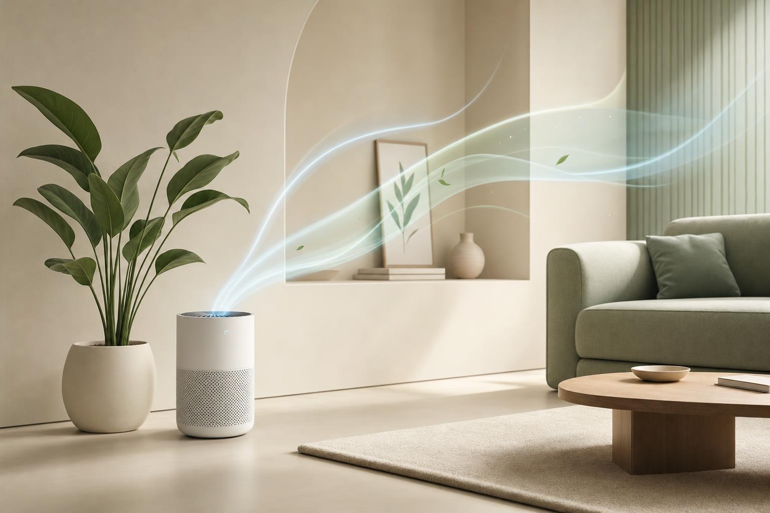 Purificateur d’air design et compact dans un intérieur minimaliste avec des flux d’air stylisés