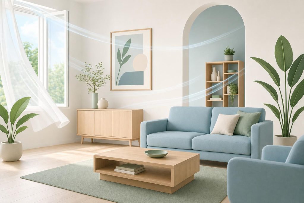 Intérieur minimaliste avec meubles neufs, plantes et ventilation stylisée pour suggérer la réduction du formaldéhyde