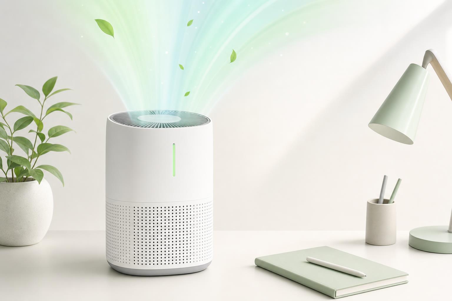 Purificateur d’air stylisé sur un bureau minimaliste avec effet d’air pur en couleurs douces