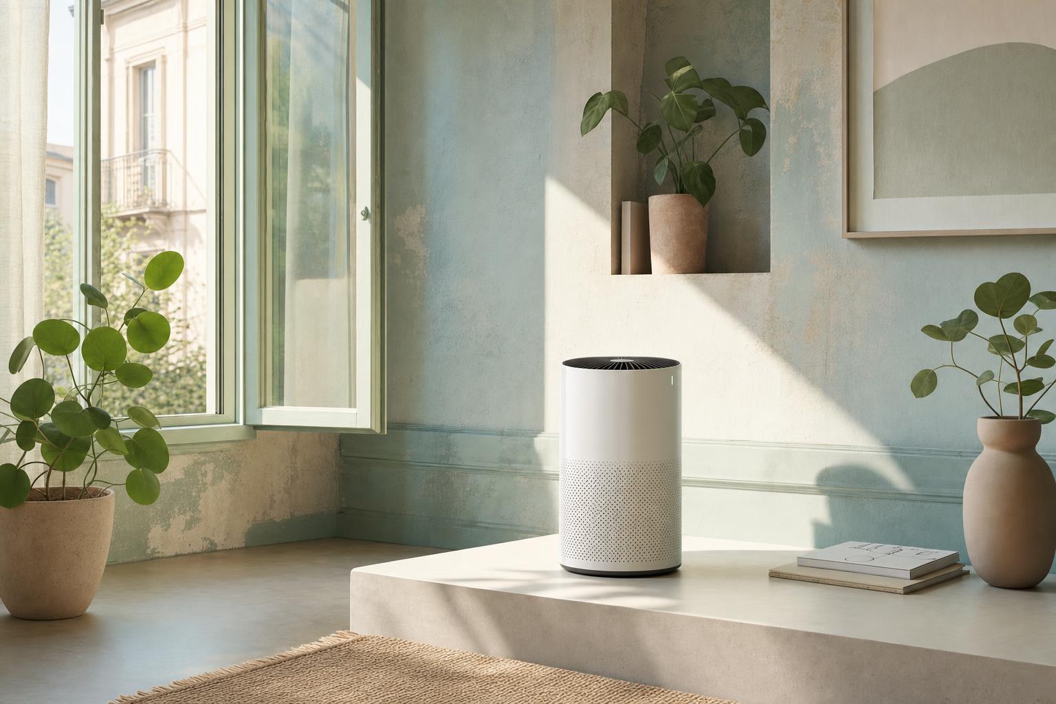 intérieur ancien épuré avec fenêtres ouvertes, plantes et purificateur d’air minimaliste