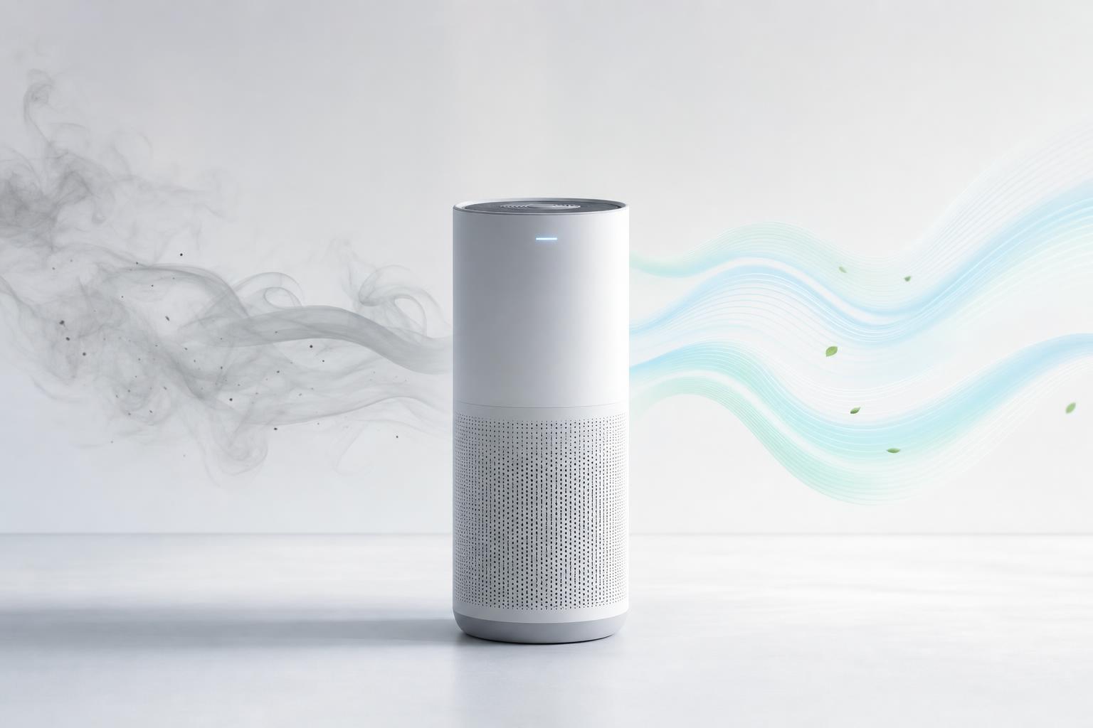 Purificateur d’air stylisé dispersant la fumée de tabac dans une atmosphère épurée