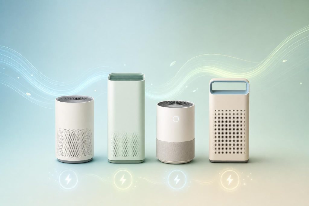 Purificateurs d’air stylisés avec des symboles d’énergie sur fond pastel