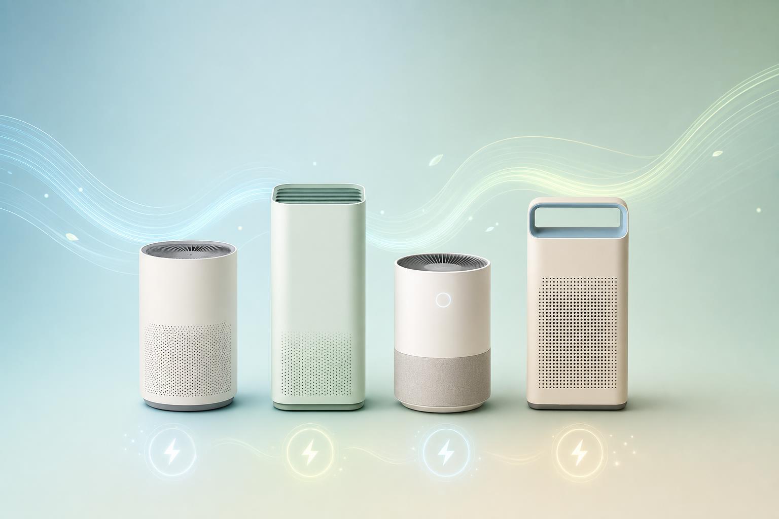 Purificateurs d’air stylisés avec des symboles d’énergie sur fond pastel
