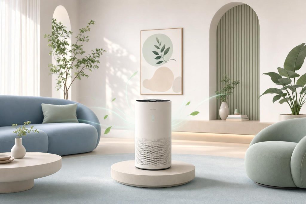 Purificateur d’air stylisé dans un salon minimaliste aux couleurs pastel