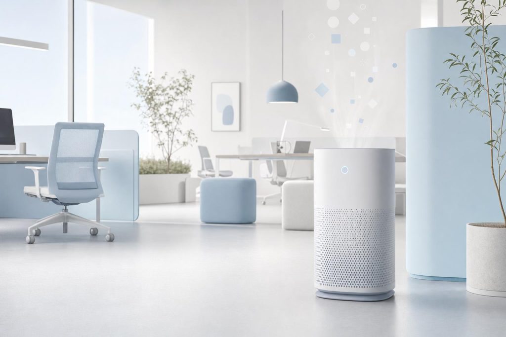 Purificateur d’air minimaliste dans un open space pastel et épuré