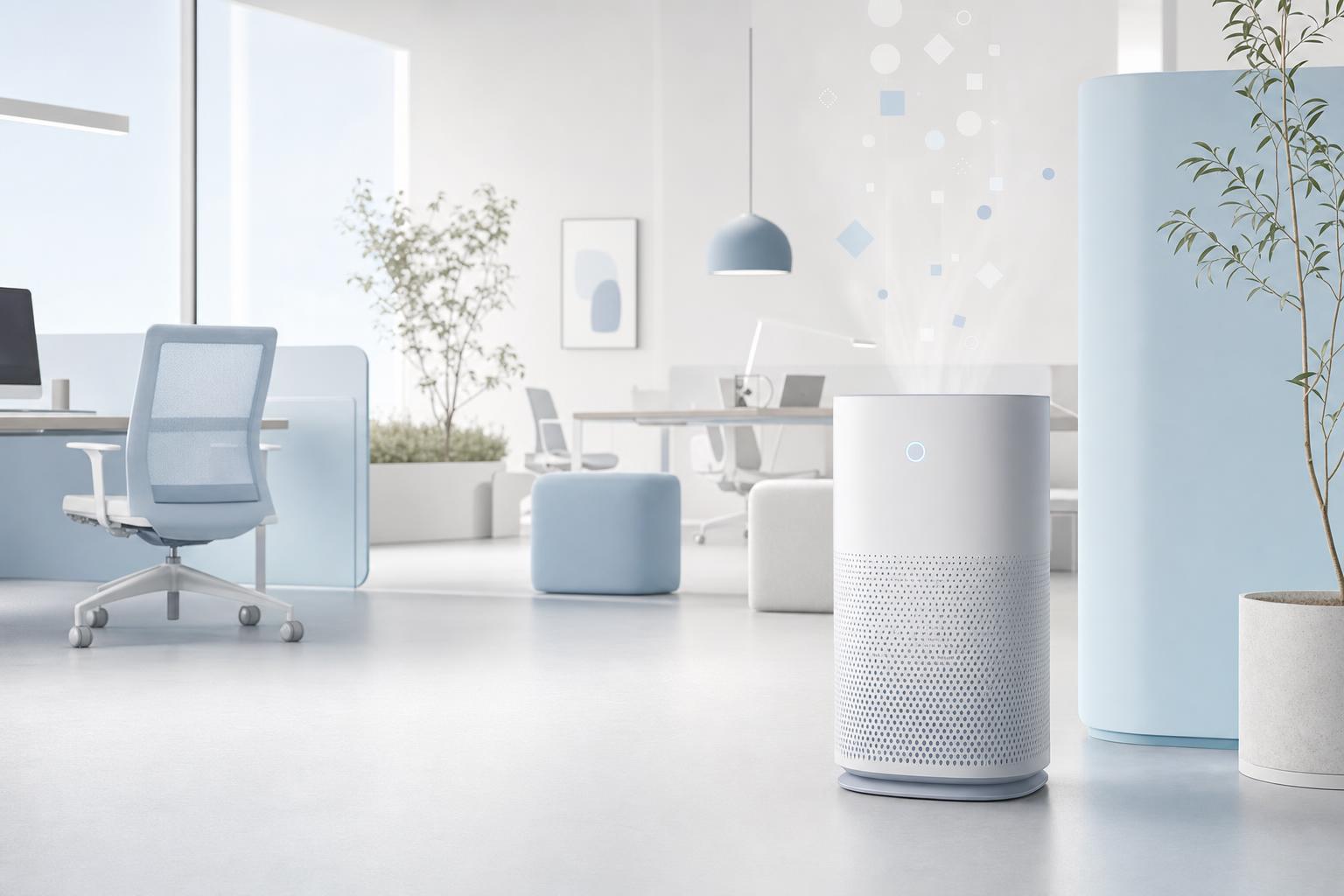 Purificateur d’air minimaliste dans un open space pastel et épuré