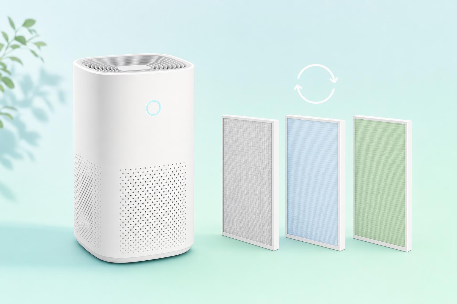 Purificateur d’air minimaliste avec trois filtres colorés à remplacer