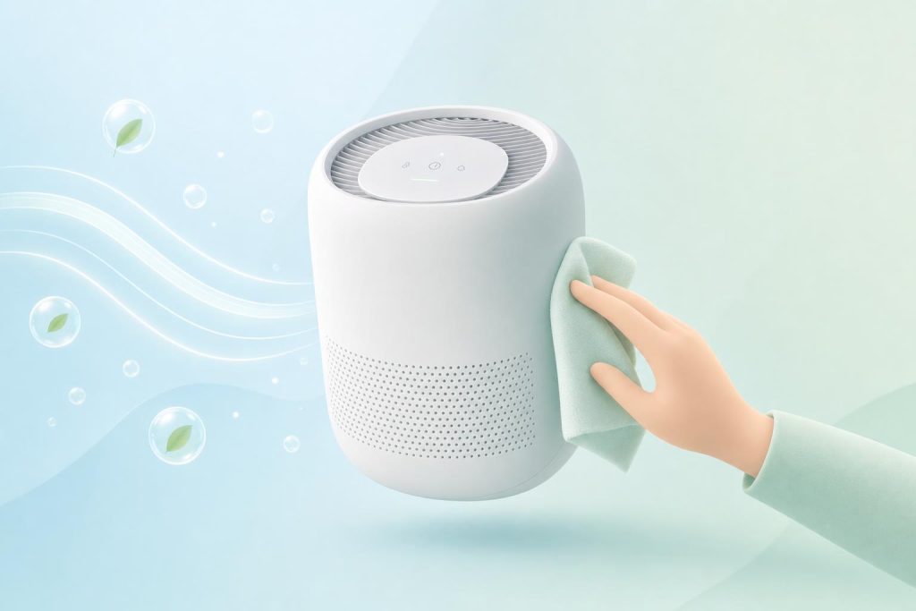 Main stylisée nettoyant un purificateur d’air épuré avec effet d’air pur, dans des tons pastel