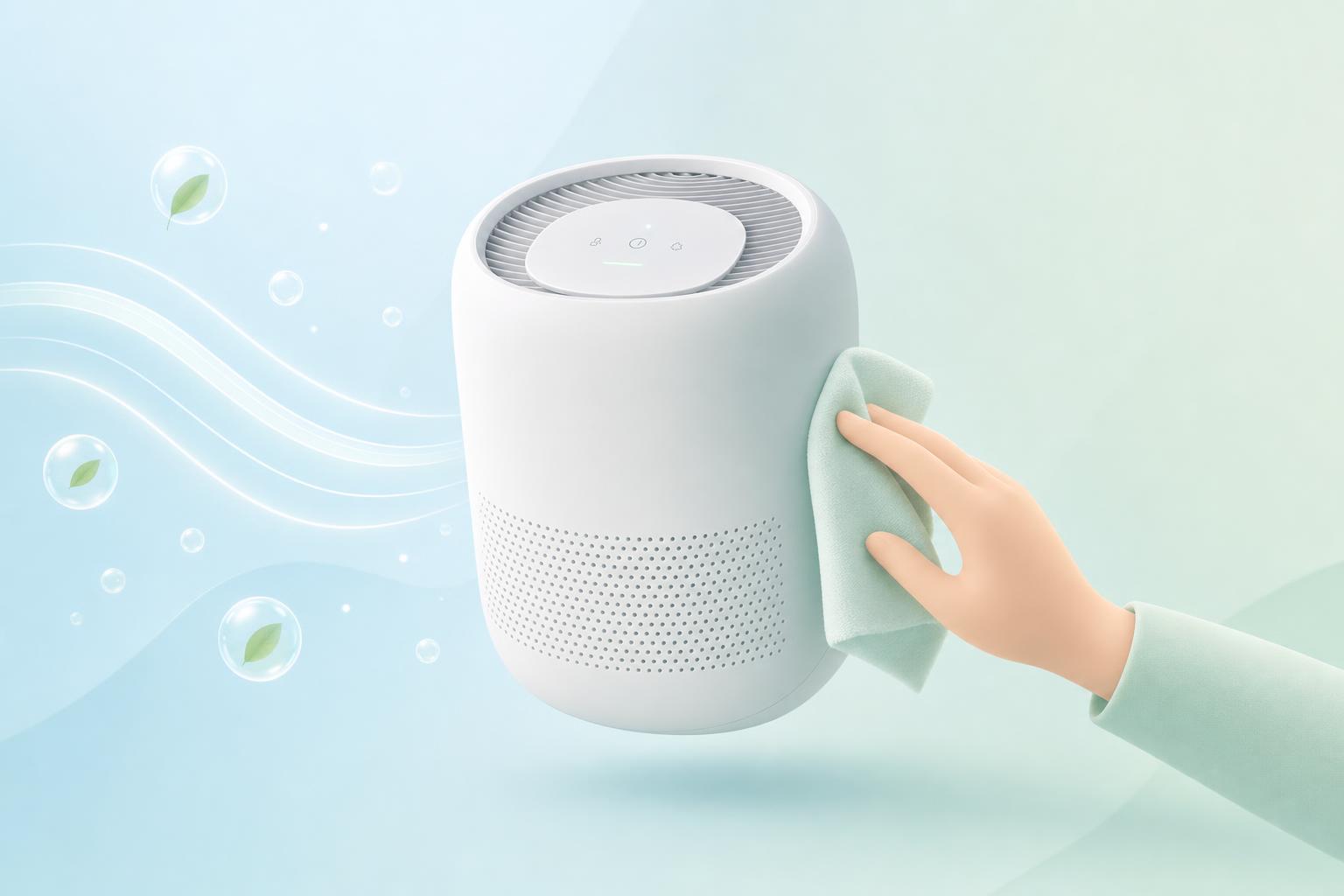 Main stylisée nettoyant un purificateur d’air épuré avec effet d’air pur, dans des tons pastel