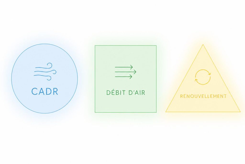 Icônes minimalistes colorées illustrant CADR, débit d’air et renouvellement sur fond blanc