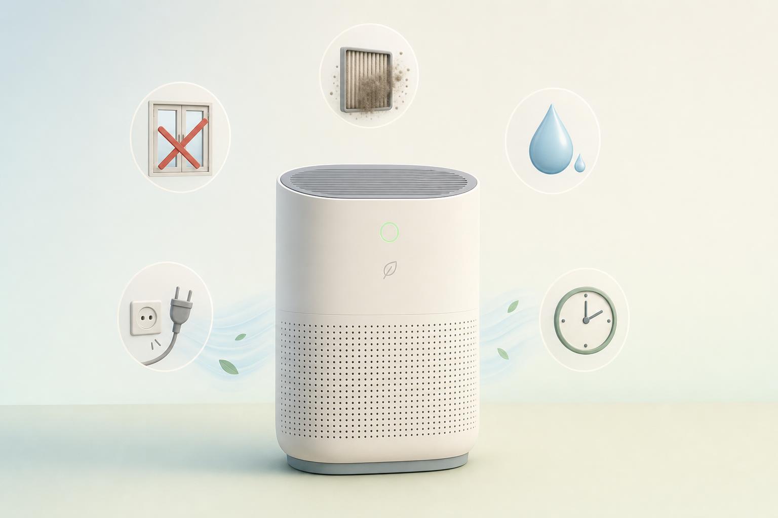 Purificateur d’air minimaliste entouré de cinq symboles d’erreurs courantes sur fond pastel