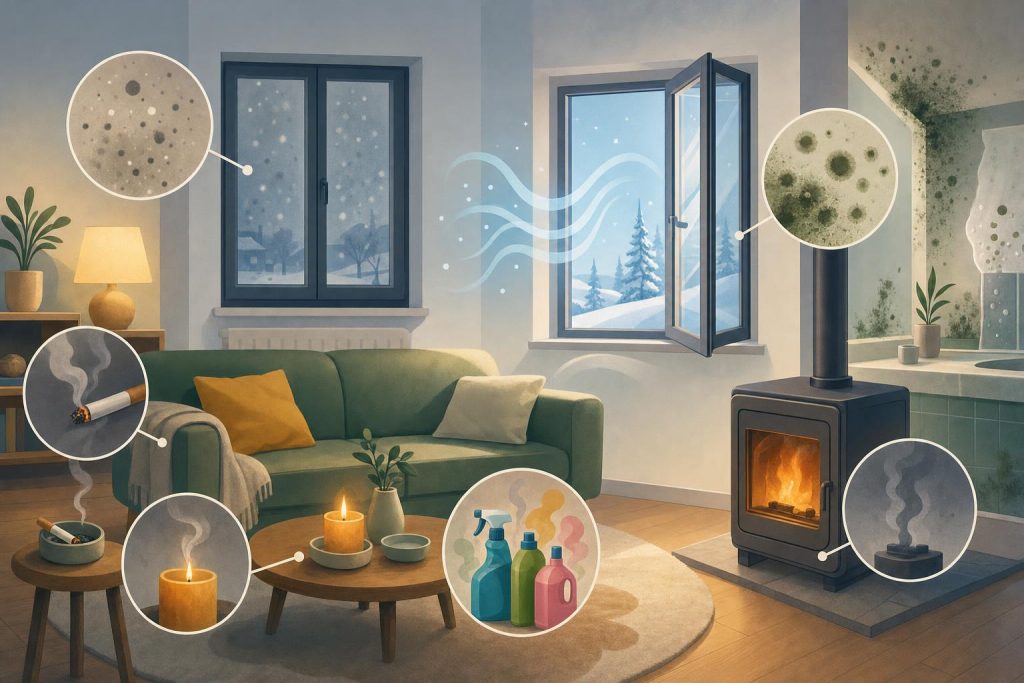 Illustration colorée de sept sources de pollution de l’air intérieur en hiver.