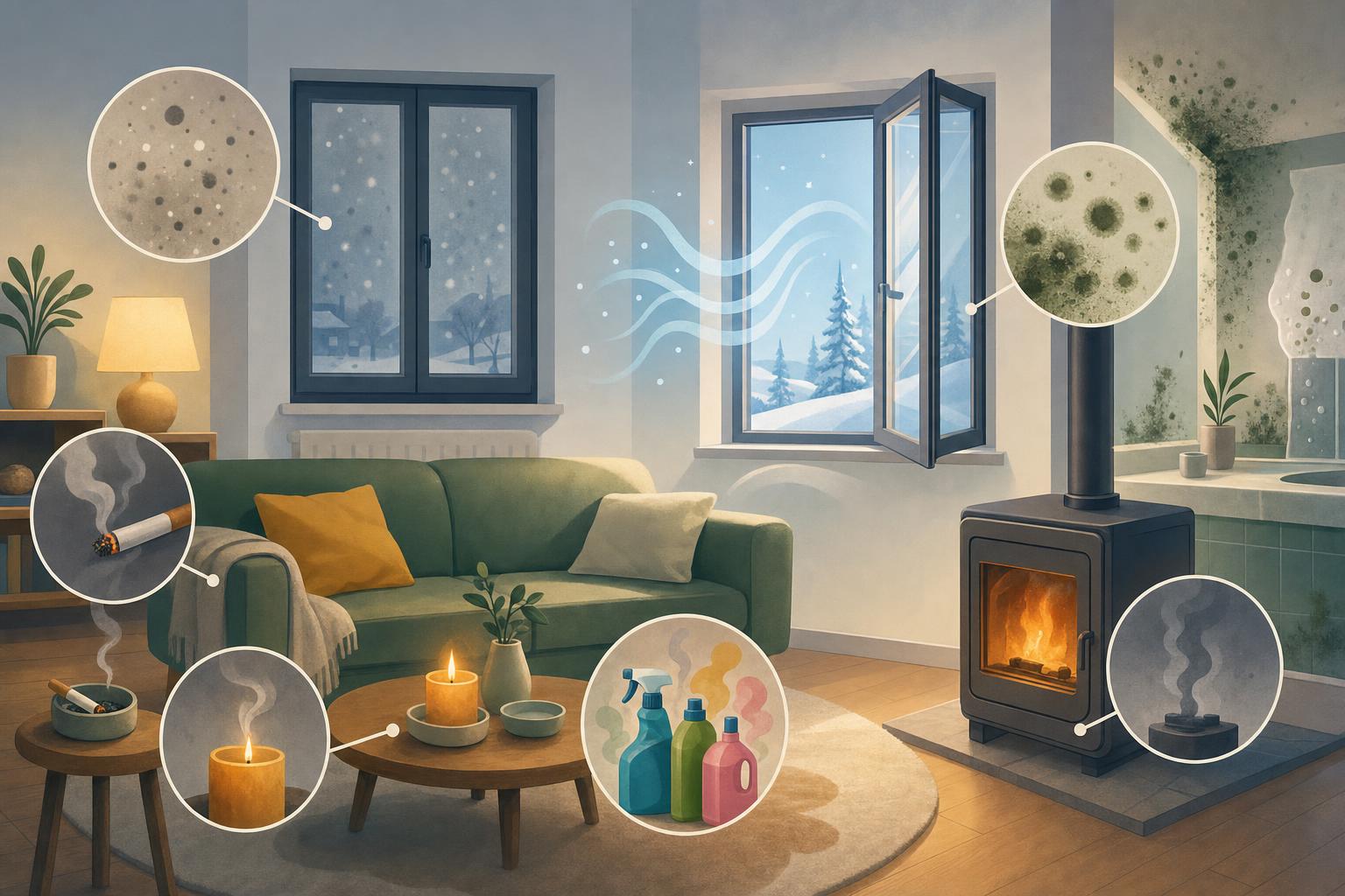 Illustration colorée de sept sources de pollution de l’air intérieur en hiver.
