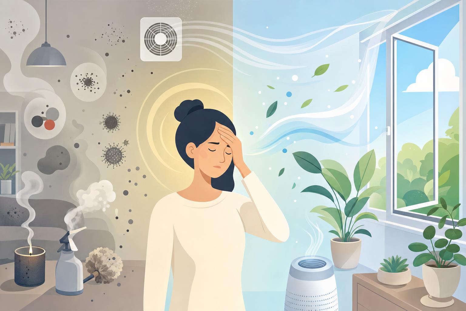 Illustration stylisée d’une personne souffrant d’un mal de tête dans un intérieur pollué, avec une fenêtre ouverte pour renouveler l’air.